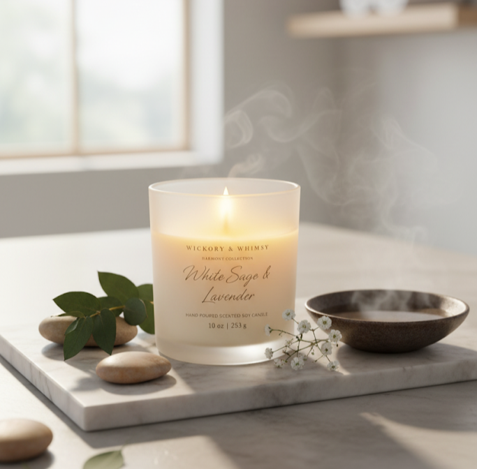 Candle labeled 'White Sage & Lavender' on a marble surface with decorative elements.
