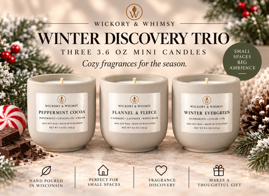 Winter Discovery Trio | Peppermint Cocoa; Flannel and Fleece;  Winter Evergreen | 3 Handmade Soy Candles 3.6oz | Holiday Gift Set