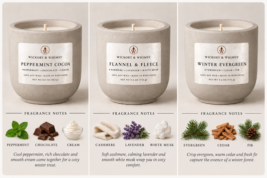 Winter Discovery Trio | Peppermint Cocoa; Flannel and Fleece;  Winter Evergreen | 3 Handmade Soy Candles 3.6oz | Holiday Gift Set
